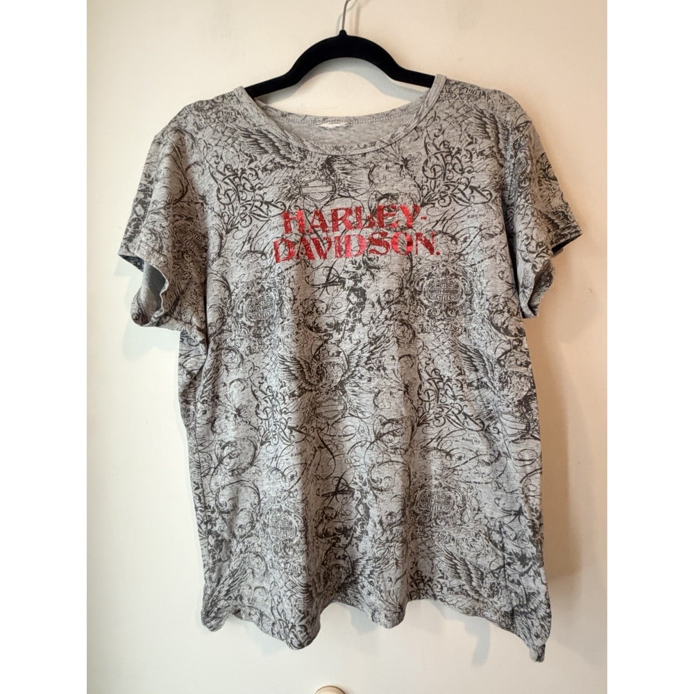 Harley-Davidson Graphic Allover Print Tee‎ Women's Large Gray Emo Biker Tattoo